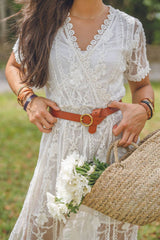 Brass-Toned Circle Buckle Leather Belt: Black