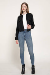 Long Sleeve Crew Neck Felt Jacket with Pocket Flap Detail: BRN-dark brown / L