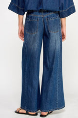 DRAWSTRING WIDE DENIM PANTS: DENIM / L