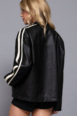 Long Sleeve Line Detail Washed Effect Faux Leather Jacket