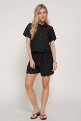 Short Sleeve Eyelet Scallop Hem Woven
