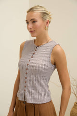 Sleeveless Gingham Knit Top with Button