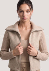 Zip Front Sweater Jacket | Ribbed Sleeve Knit Layer : Black / Contemporary / L