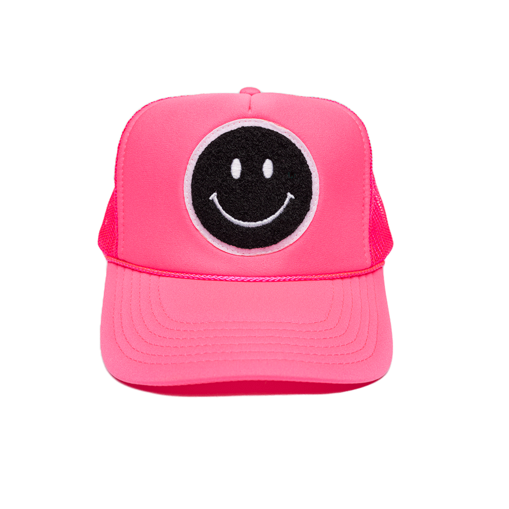 Local Beach Smiley Patch Trucker Hat: Black/Black