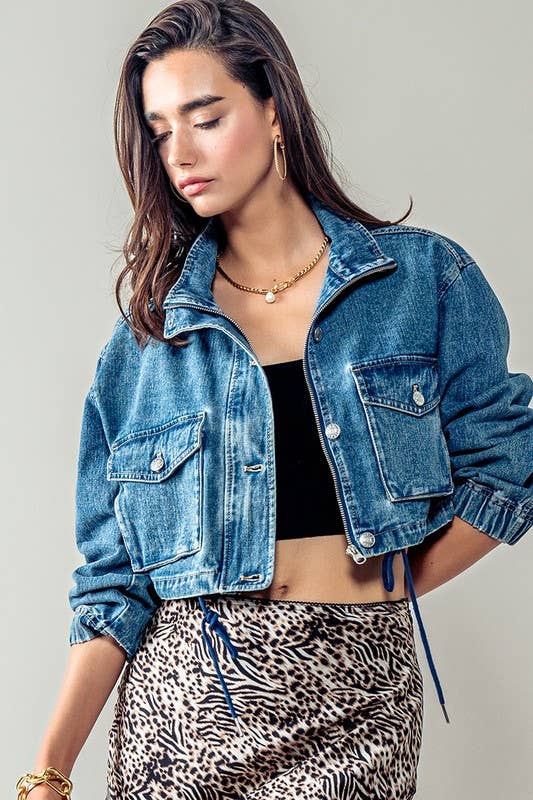 Drawstring Hem Stand Collar Denim Jacket