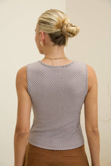 Sleeveless Gingham Knit Top with Button