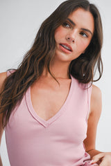 8489HK Ribbed V-Neck Tank Top: Matcha / Contemporary / L