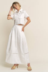 LACE DETAIL POCKET SHIRT & SKIRT SET-HSET0119: Off-White / L