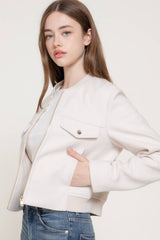 Long Sleeve Crew Neck Felt Jacket with Pocket Flap Detail: BRN-dark brown / L