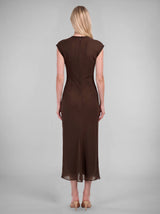 Satin Cap Sleeve Fitted Midi Dress: Deep Steel Blue / S