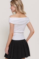 Off The Shoulder Side Ruched Sweater Top : BLK-black / L