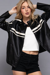 Long Sleeve Line Detail Washed Effect Faux Leather Jacket
