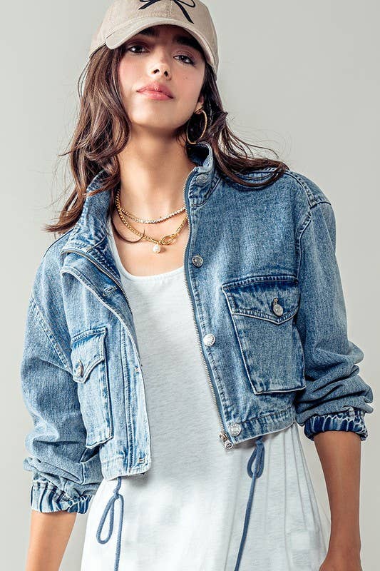 Drawstring Hem Stand Collar Denim Jacket