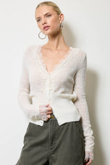 Lace Trim V Neck Knit Cardigan: Black / L