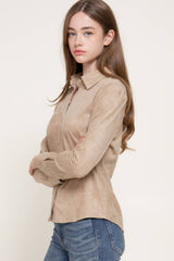 Long Sleeve Button Down Stretch Faux Suede Shirt: TPE-dark beige / L