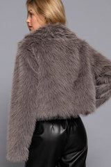 Long Sleeve Notched Collar Faux Fur Cropped Jacket: BRN-dark coffee / L