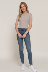 Short Sleeve Crew Neck Cotton Spandex Rib Knit Top : PNK-beige pink / L