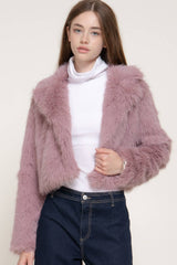 Long Sleeve Notched Collar Faux Fur Cropped Jacket: BRN-dark coffee / L