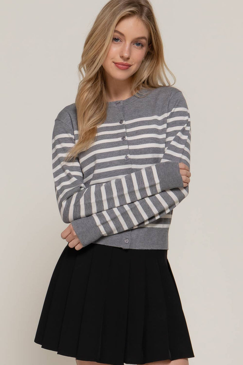 Crew Neck Stripe Sweater Cardigan