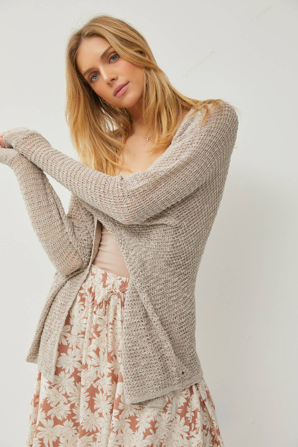 OPEN FRONT LONG SLEEVE BREEZY YARN KNIT CARDIGAN: Natural / ML