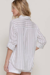 Long Sleeve Button Down Stripe Linen Oversized Shirt: