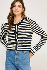 TEXTURED STRIPED BUTTON-FRONT CARDIGAN: Off White/Navy / L
