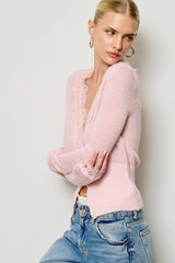Lace Trim V Neck Knit Cardigan: Black / L