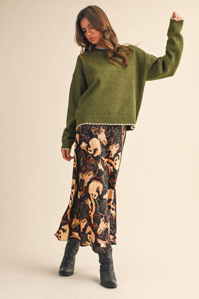 Olive Contrast Trim Sweater