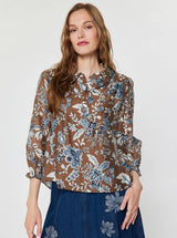 Botanical Floral Print Collared Blouse: Blue Multi / L