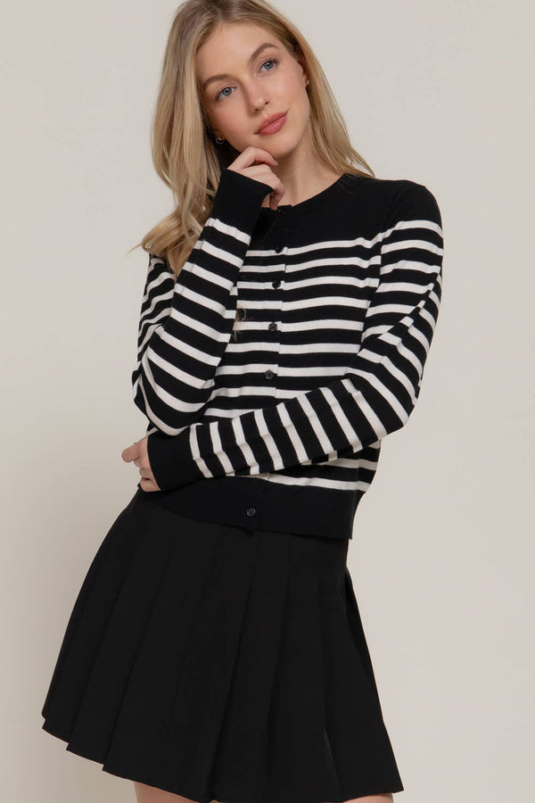 Crew Neck Stripe Sweater Cardigan