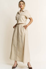 LACE TRIM BUTTON DOWN SHIRT AND MAXI SKIRT SET - HESET0032: SAND / L