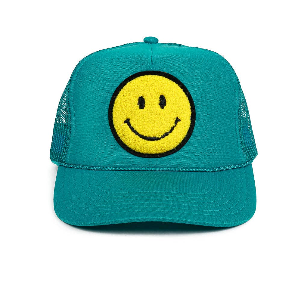 Local Beach Smiley Patch Trucker Hat: Black/Black