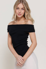 Off The Shoulder Side Ruched Sweater Top : BLK-black / L