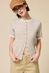 Striped Short Sleeve Button Cardigan: Black / L