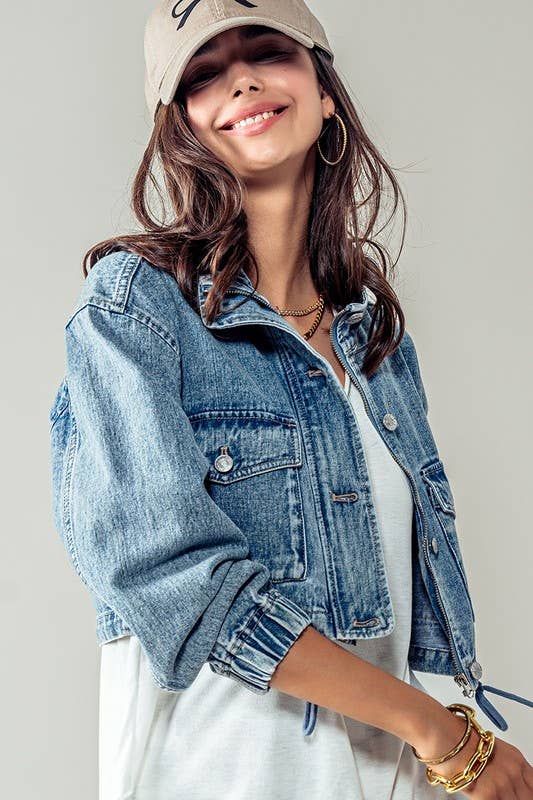 Drawstring Hem Stand Collar Denim Jacket