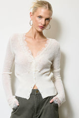 Lace Trim V Neck Knit Cardigan: Black / L