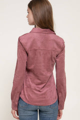 Long Sleeve Button Down Stretch Faux Suede Shirt: TPE-dark beige / L