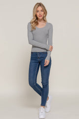 Long Sleeve Scoop Neck with Lace Trim Rib Knit Top: HGY-h grey / L