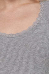 Long Sleeve Scoop Neck with Lace Trim Rib Knit Top: HGY-h grey / L