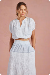 Floral Embroidery Cotton Lace Trim Skirt Top Set: Navy / L