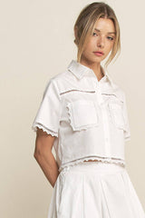 LACE DETAIL POCKET SHIRT & SKIRT SET-HSET0119: Off-White / L