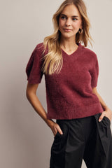 Fuzzy V-Neck Knit Top