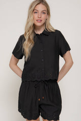 Short Sleeve  Eyelet Scallop Hem Woven