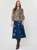 Botanical Floral Print Collared Blouse: Blue Multi / L