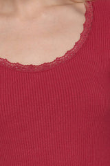 Long Sleeve Scoop Neck with Lace Trim Rib Knit Top: HGY-h grey / L