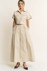 LACE TRIM BUTTON DOWN SHIRT AND MAXI SKIRT SET - HESET0032: SAND / L