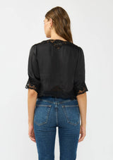 V-Neck Button Front Blouse with Lace Trim
