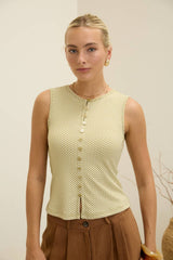 Sleeveless Gingham Knit Top with Button