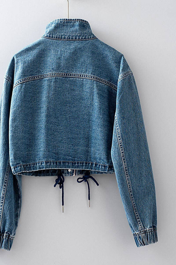 Drawstring Hem Stand Collar Denim Jacket