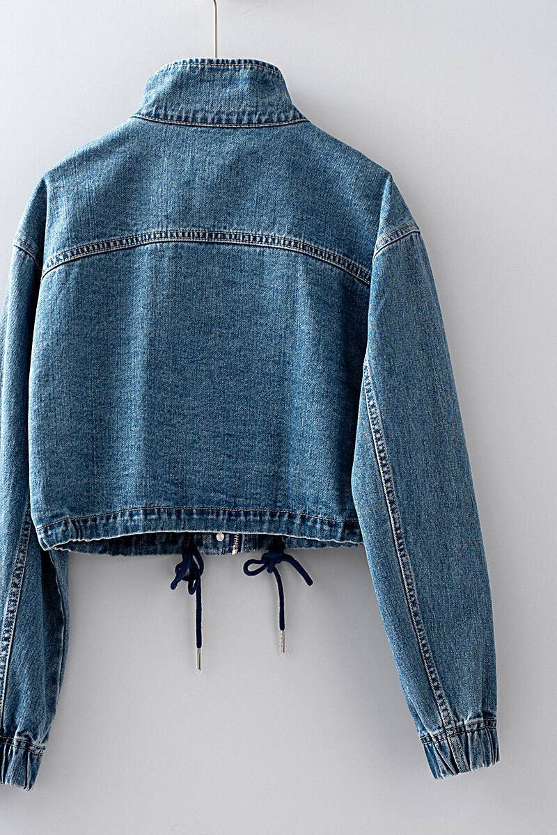 Drawstring Hem Stand Collar Denim Jacket